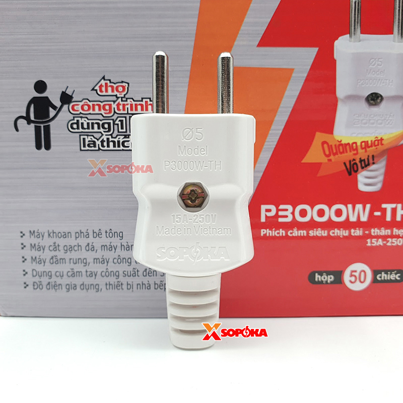 SOPOKA Phích Cắm Siêu Chịu Tải Thân Hẹp P3000W-TH 3000W Ø5 – 15A 250V