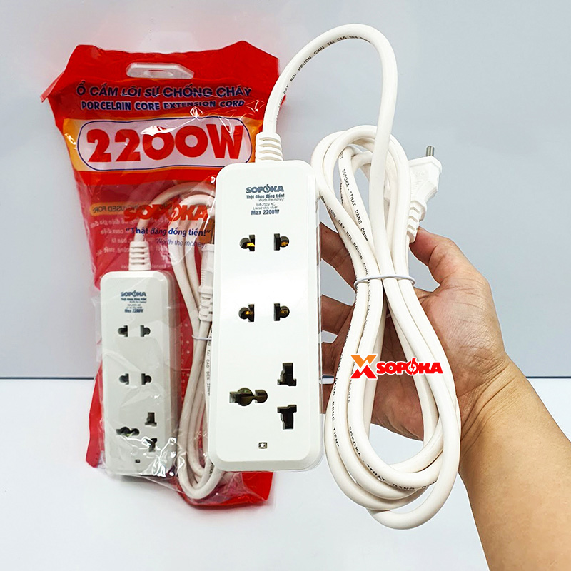 Ổ Cắm Điện 3 Lỗ 2200W Lõi Sứ Có Dây 3C2 SOPOKA – Chịu Nhiệt, Chống Cháy, Chống Vỡ