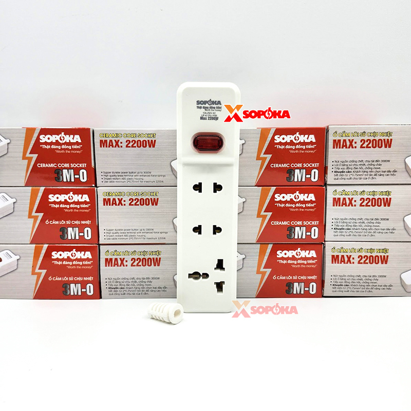 Ổ Cắm Điện 3 Lỗ 2200W Lõi Sứ Không Dây Có Công Tắc 3M-0 SOPOKA