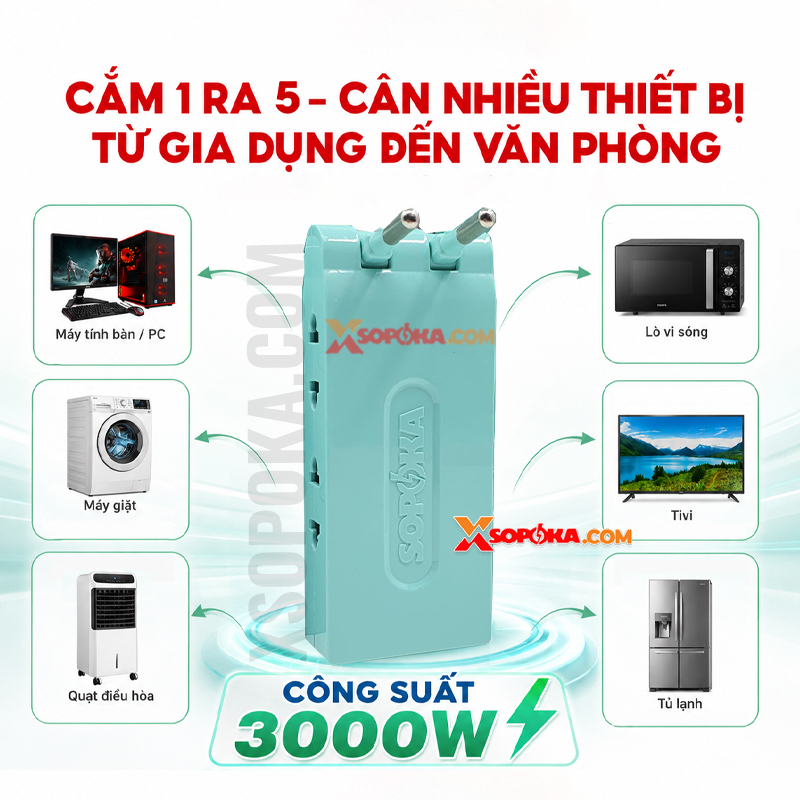Ổ Chia Điện 5 Lỗ Dẹp Cổ Xoay 3000W R5X-3000W SOPOKA
