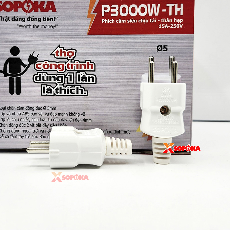 SOPOKA Phích Cắm Siêu Chịu Tải Thân Hẹp P3000W-TH 3000W Ø5 – 15A 250V