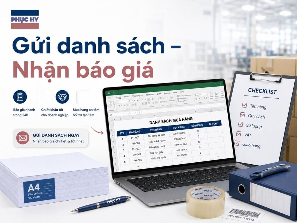 Gửi danh sách văn phòng phẩm nhà máy để nhận báo giá