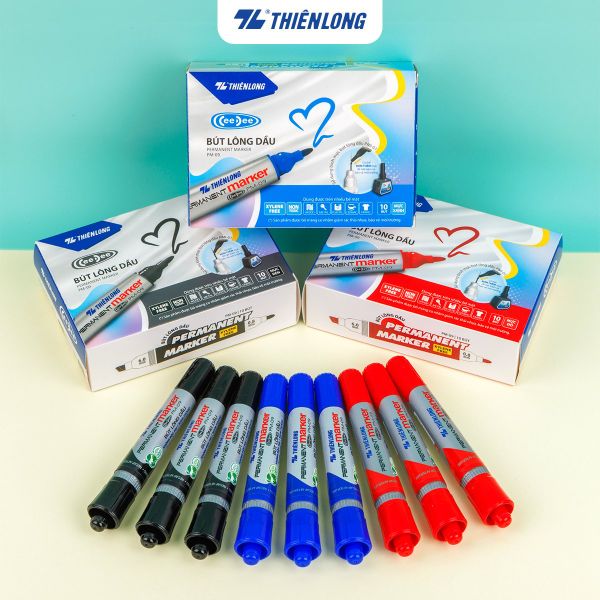 Bút lông dầu Thiên Long PM-09 chính hãng, 3 màu đen đỏ xanh, mực đậm chống nước, bền màu