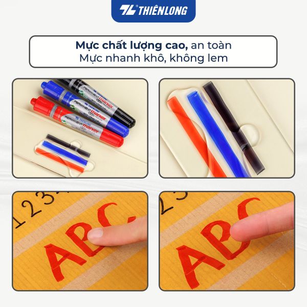 Bút lông dầu Thiên Long PM-09 viết rõ nét trên thùng carton, mực bám chắc và không lem