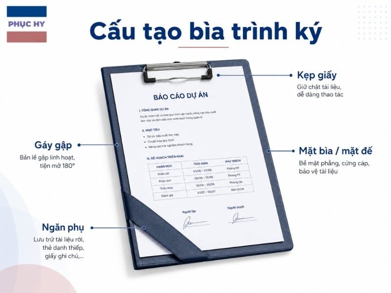 Cấu tạo cơ bản của bìa trình ký gồm mặt bìa và kẹp giấy