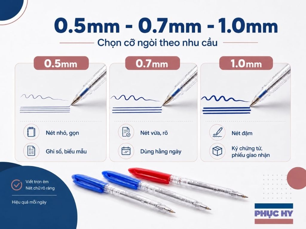 Chọn cỡ ngòi bút bi 0.5mm 0.7mm và 1.0mm cho văn phòng