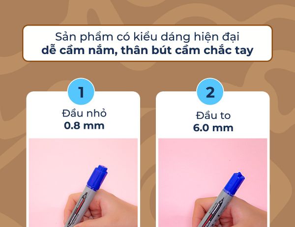 Đầu nhỏ 0.8mm và đầu vát 6mm của bút PM-07