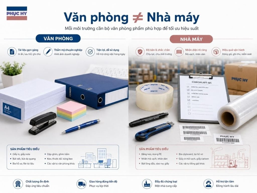 So sánh văn phòng phẩm văn phòng và nhà máy