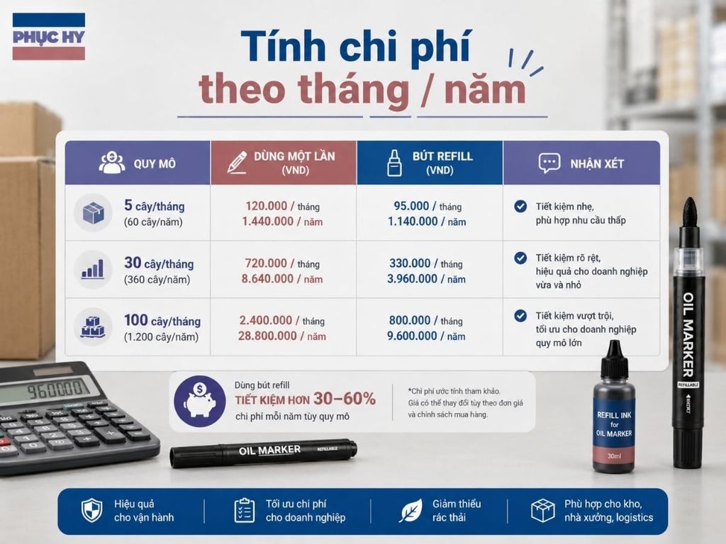 Bảng tính chi phí bút lông dầu theo tháng và theo năm