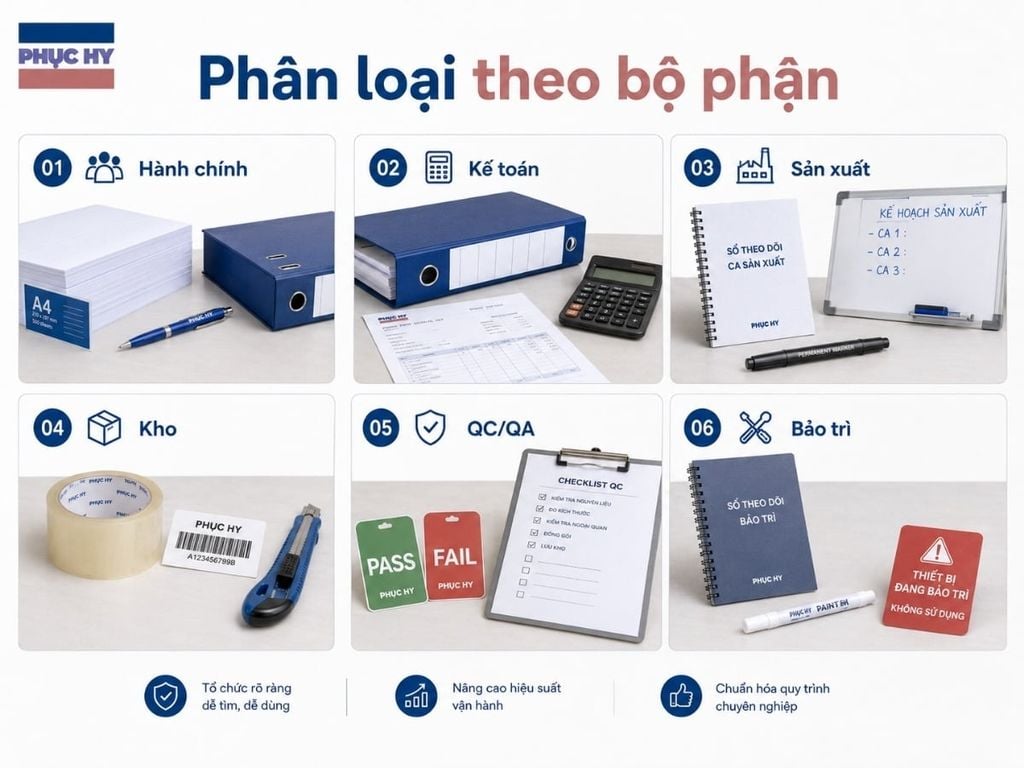 Phân loại văn phòng phẩm theo bộ phận trong nhà máy