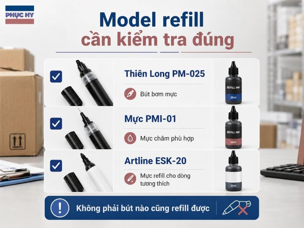 Model bút lông dầu refill Thiên Long PM-025 và Artline ESK-20