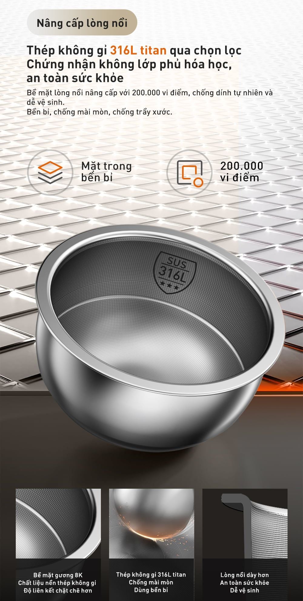 Lòng nồi thép không gỉ 316L Titan bền bỉ