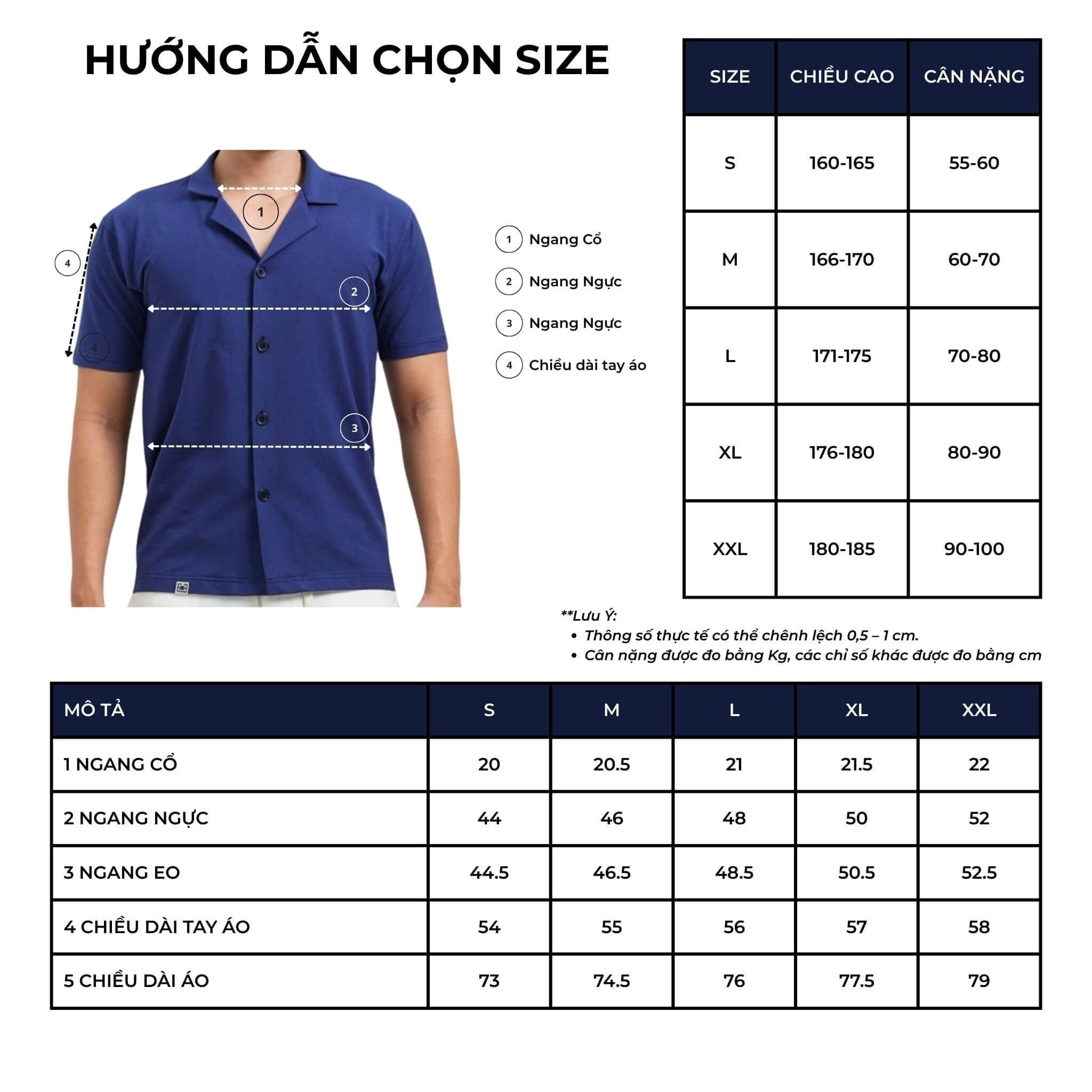 bảng size áo sơ mi