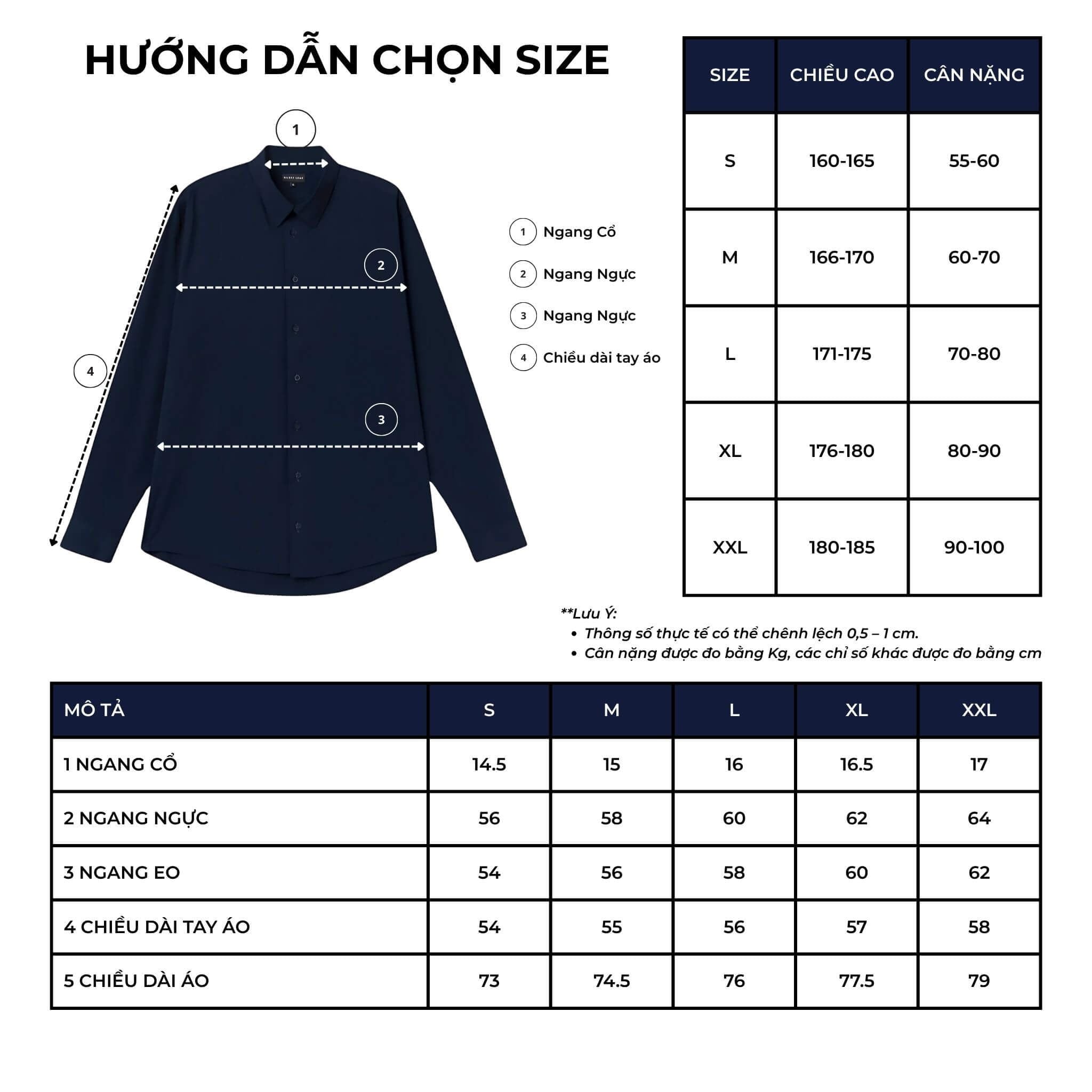 bảng size áo sơ mi