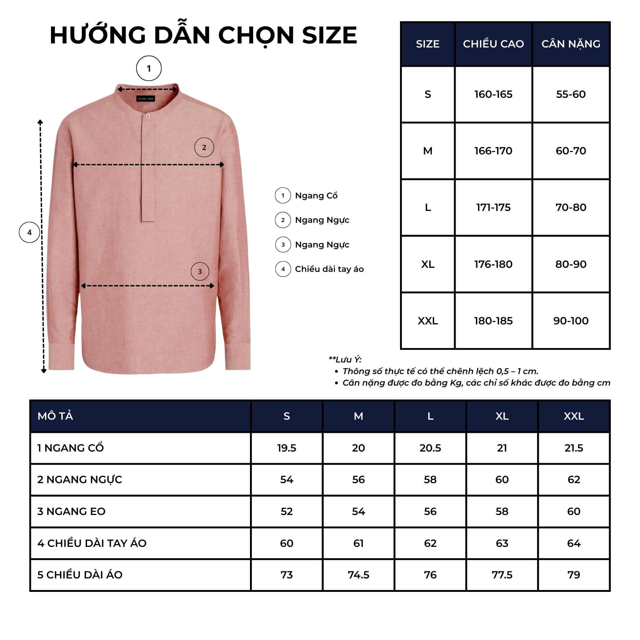 bảng size áo sơ mi