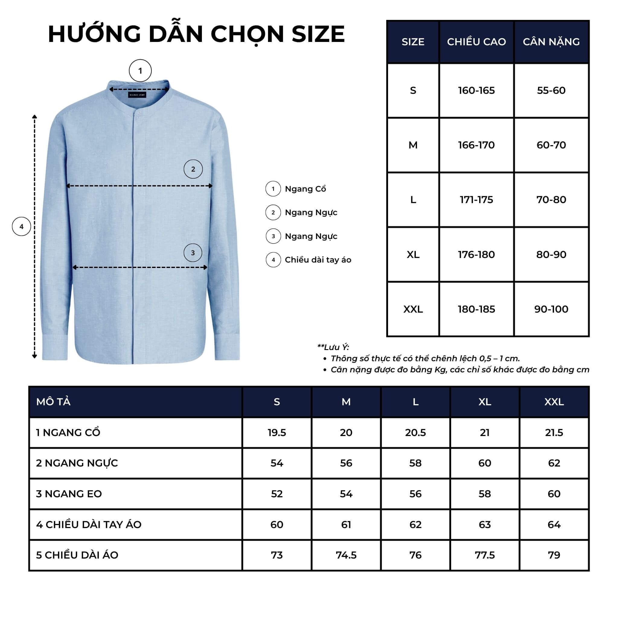 bảng size áo sơ mi
