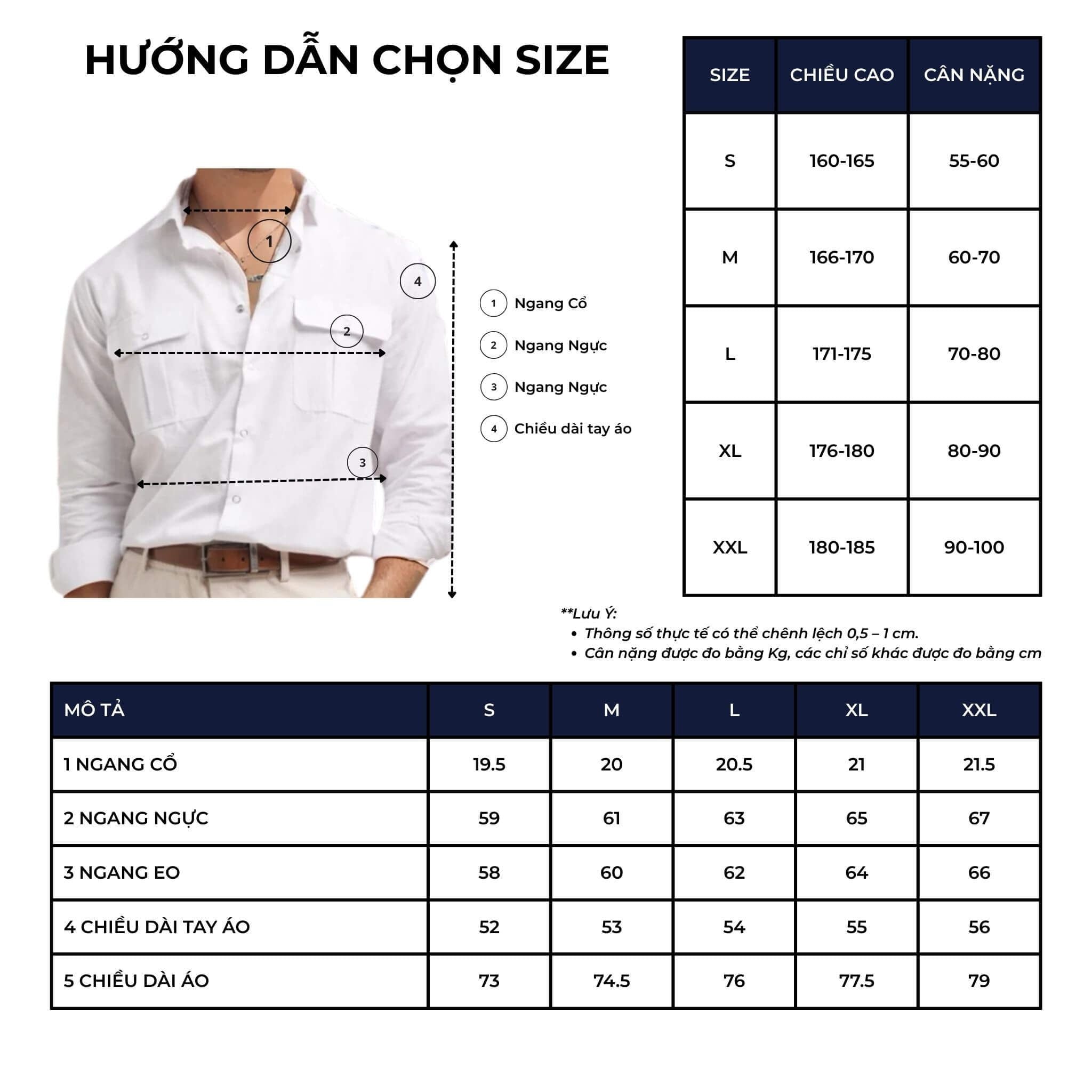 bảng size áo sơ mi
