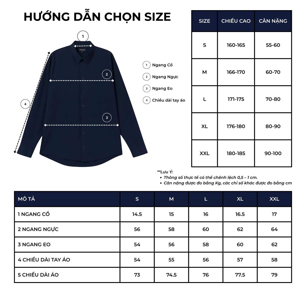 size chart áo sơ mi bamboo riviera