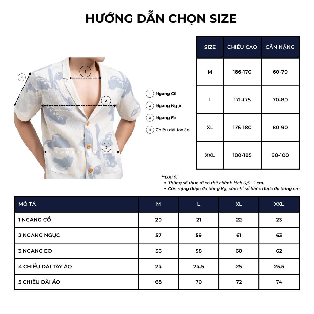 size chart áo sơ mi pin parasol