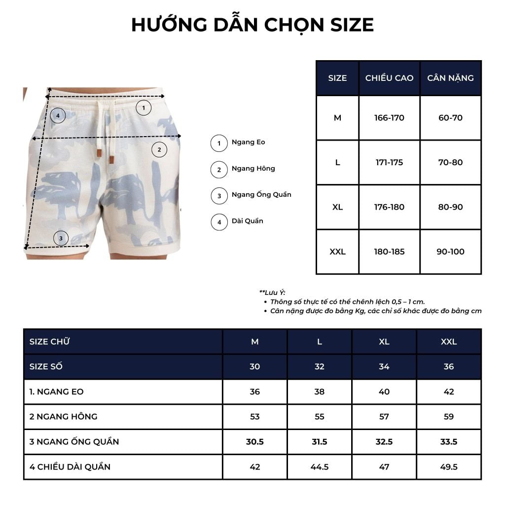 size chart quần short pin parasol