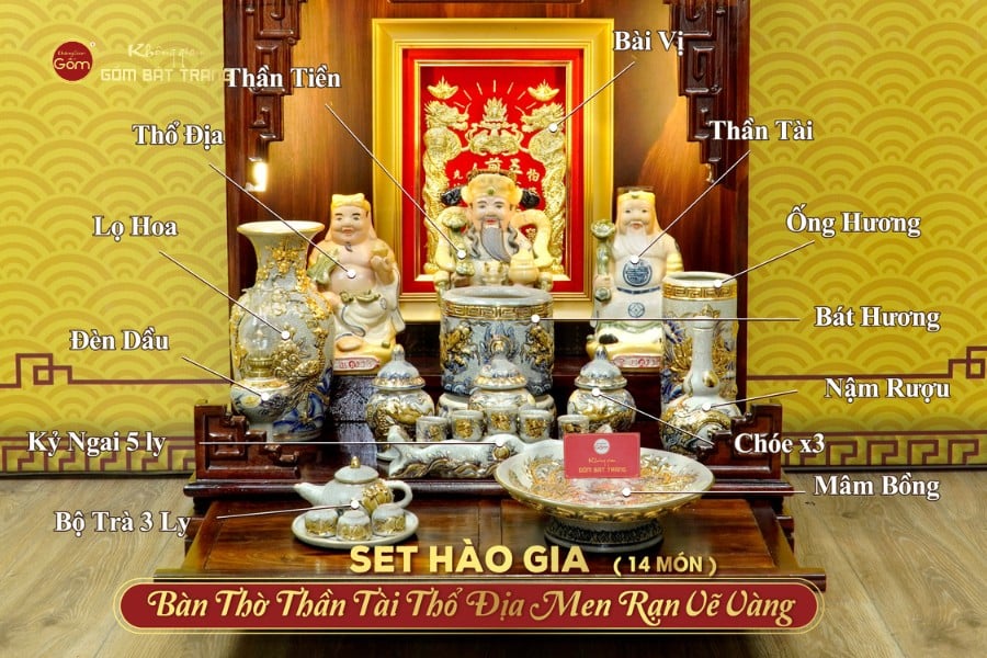 Bộ Đồ Thờ Thần Tài Thổ Địa (Hào Gia 14 Món) Men Rạn Vẽ Vàng