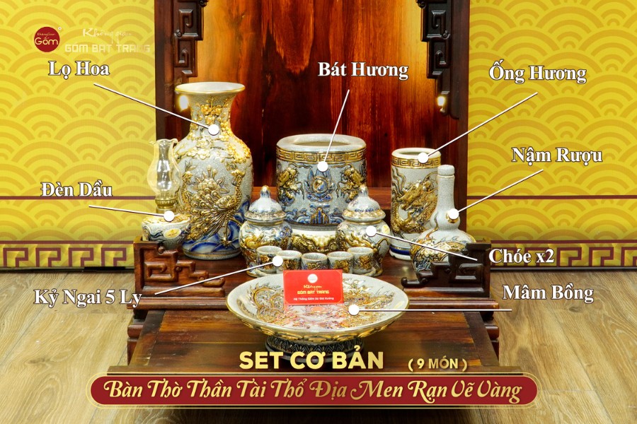 Bộ Đồ Thờ Thần Tài Thổ Địa (Cơ Bản 9 Món) Men Rạn Vẽ Vàng