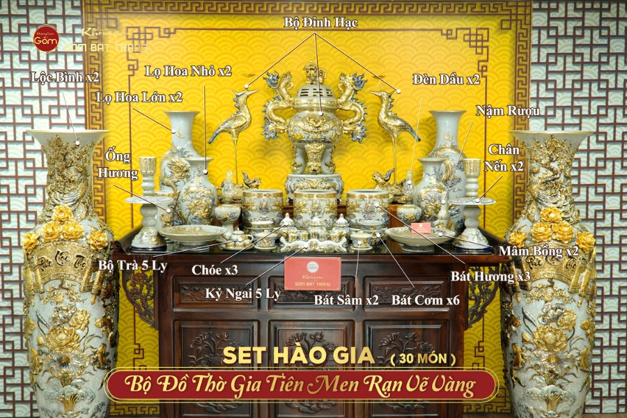 Bộ Đồ Thờ Gia Tiên (Hào Gia 30 Món) Men Rạn Vẽ Vàng