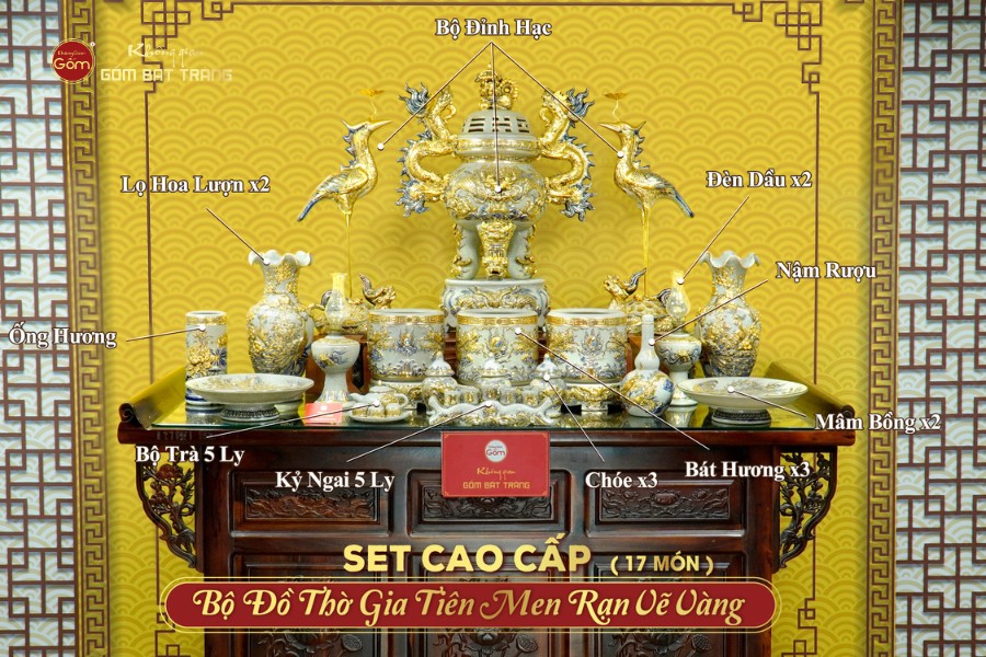 Bộ Đồ Thờ Gia Tiên (Cao Cấp 17 Món) Men Rạn Vẽ Vàng