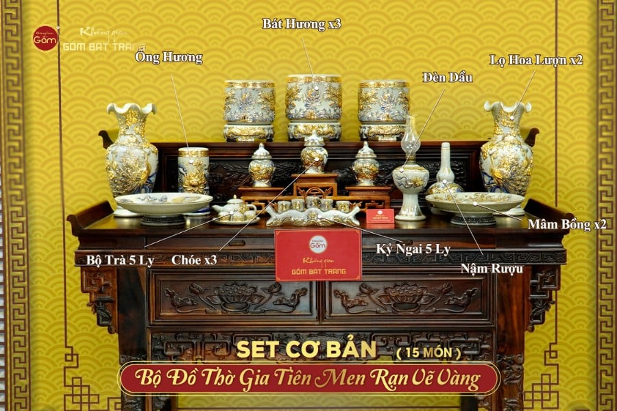 Bộ Đồ Thờ Gia Tiên (Cơ Bản 15 Món) Men Rạn Vẽ Vàng
