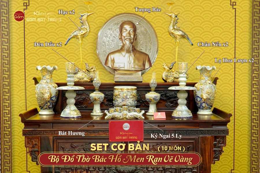 Bộ Đồ Thờ Bác Hồ (Cơ Bản 10 Món) Men Rạn Vẽ Vàng