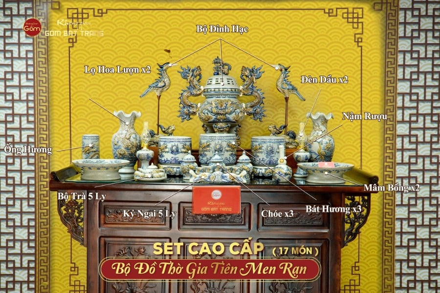 Bộ Đồ Thờ Gia Tiên (Cao Cấp 17 Món) Men Rạn