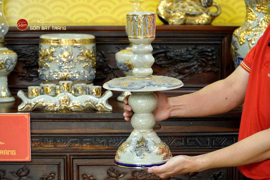 Bộ Đồ Thờ Bác Hồ (Cao Cấp 16 Món) Men Rạn Vẽ Vàng