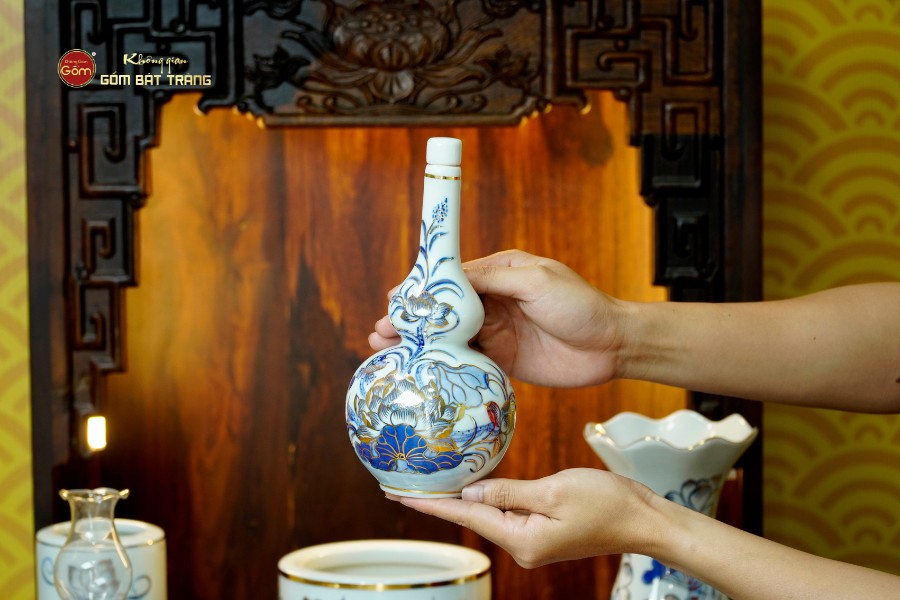 Bộ Đồ Thờ Thần Tài Thổ Địa (Cơ Bản 9 Món) Men Lam Vẽ Vàng