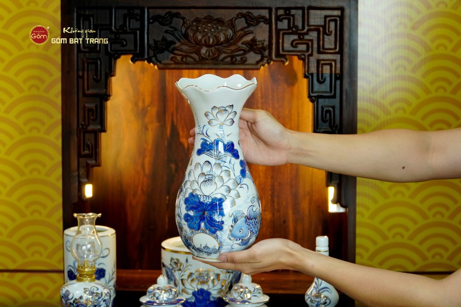 Bộ Đồ Thờ Thần Tài Thổ Địa (Cơ Bản 9 Món) Men Lam Vẽ Vàng