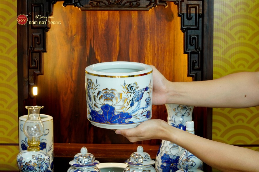 Bộ Đồ Thờ Thần Tài Thổ Địa (Cơ Bản 9 Món) Men Lam Vẽ Vàng