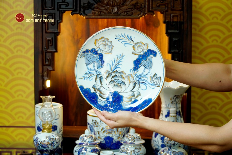 Bộ Đồ Thờ Thần Tài Thổ Địa (Cơ Bản 9 Món) Men Lam Vẽ Vàng