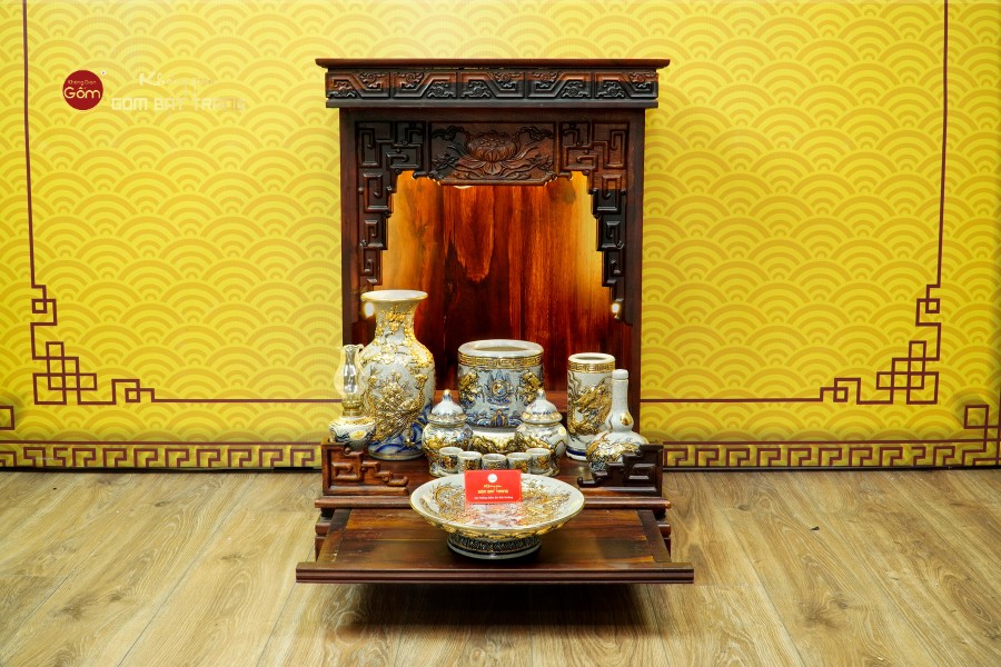 Bộ Đồ Thờ Thần Tài Thổ Địa (Cơ Bản 9 Món) Men Rạn Vẽ Vàng