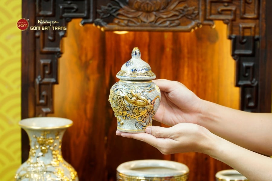 Bộ Đồ Thờ Thần Tài Thổ Địa (Cơ Bản 9 Món) Men Rạn Vẽ Vàng