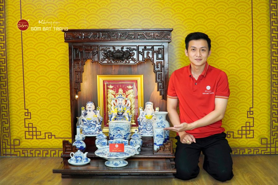 Bộ Đồ Thờ Thần Tài Thổ Địa (Hào Gia 14 Món) Men Lam