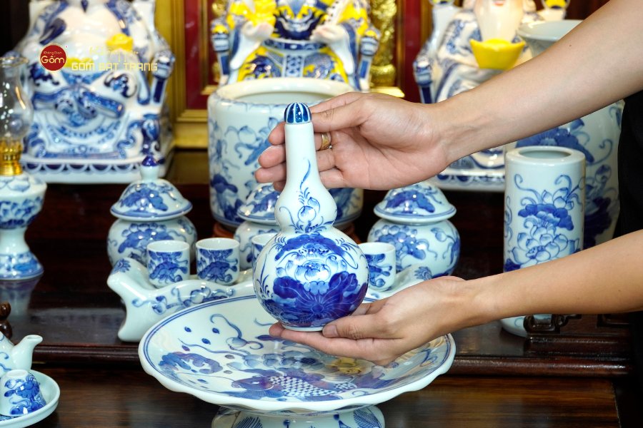 Bộ Đồ Thờ Thần Tài Thổ Địa (Hào Gia 14 Món) Men Lam