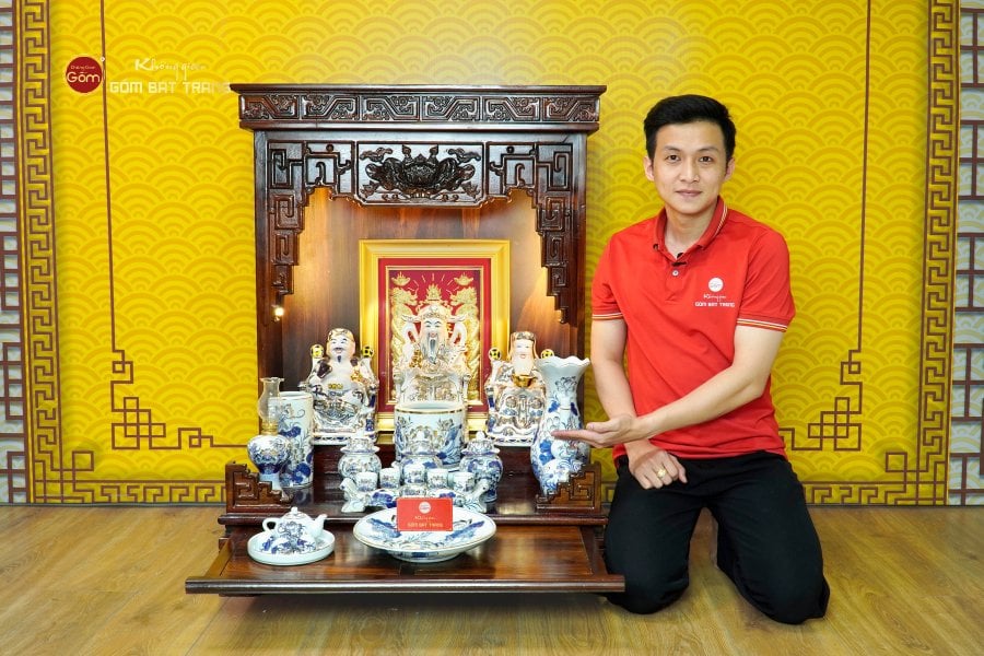 Bộ Đồ Thờ Thần Tài Thổ Địa (Hào Gia 14 Món) Men Lam Vẽ Vàng