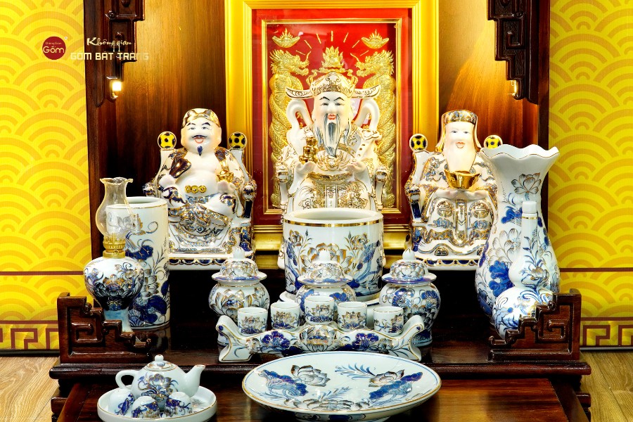 Bộ Đồ Thờ Thần Tài Thổ Địa (Hào Gia 14 Món) Men Lam Vẽ Vàng