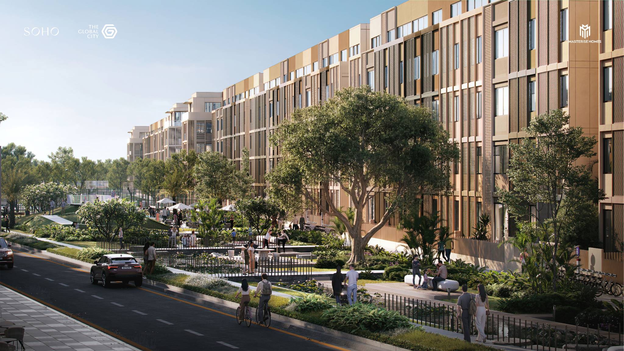 Phối cảnh dãy nhà phố thương mại SOHO mặt tiền công viên nội khu The Global City.
