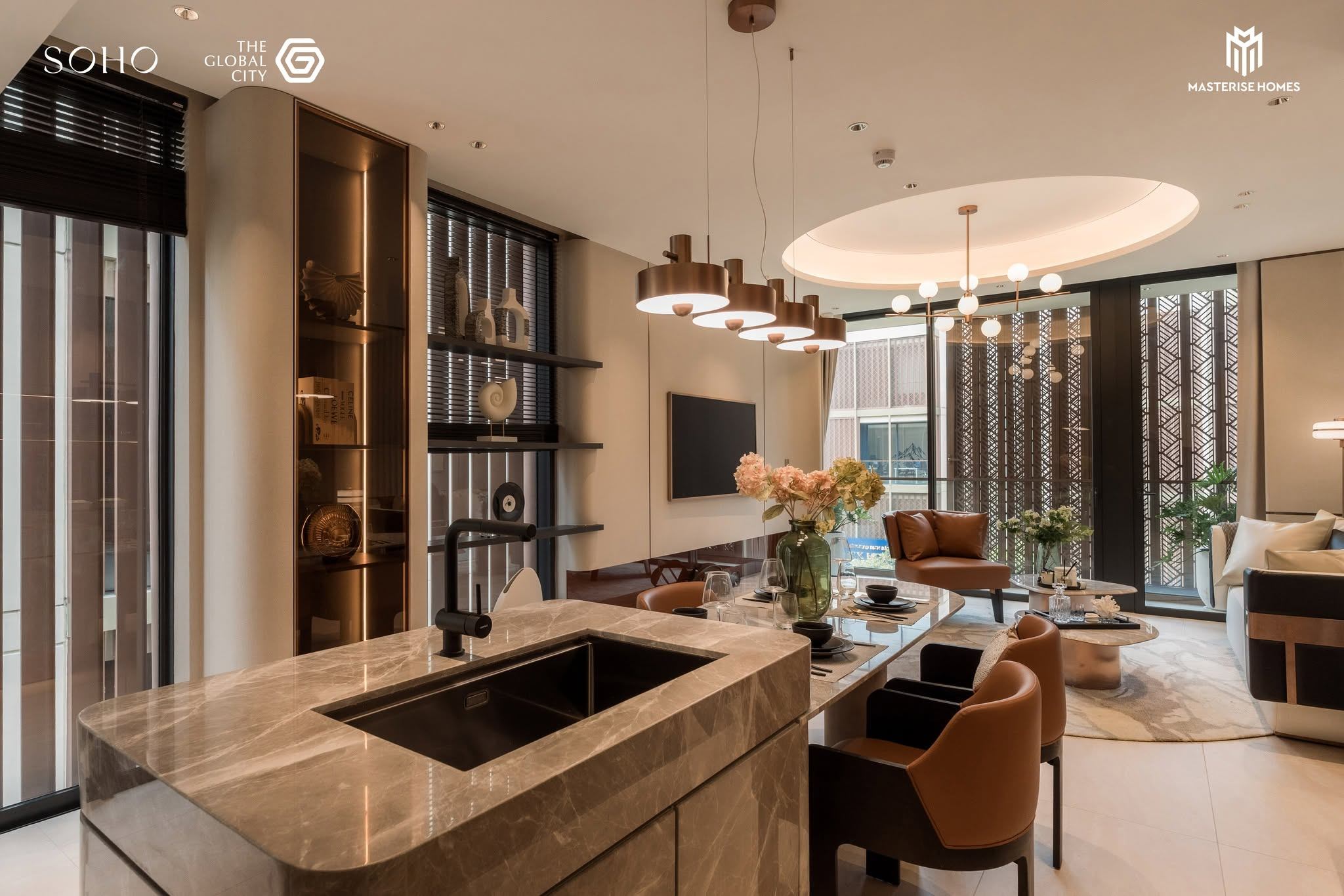 Thiết kế bếp mở trong SOHO Social Club The Global City với phong cách hiện đại và cao cấp