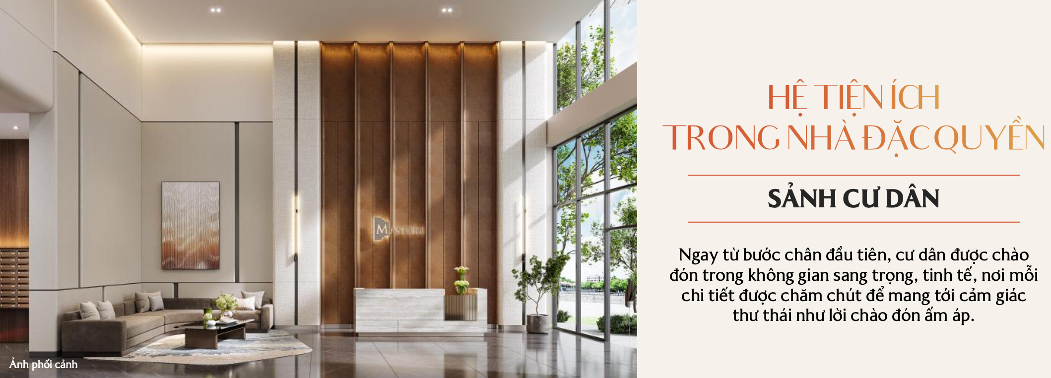 Sảnh đón cư dân sang trọng và đẳng cấp chuẩn khách sạn 5 sao tại dự án Masteri Cosmo Central The Global City.