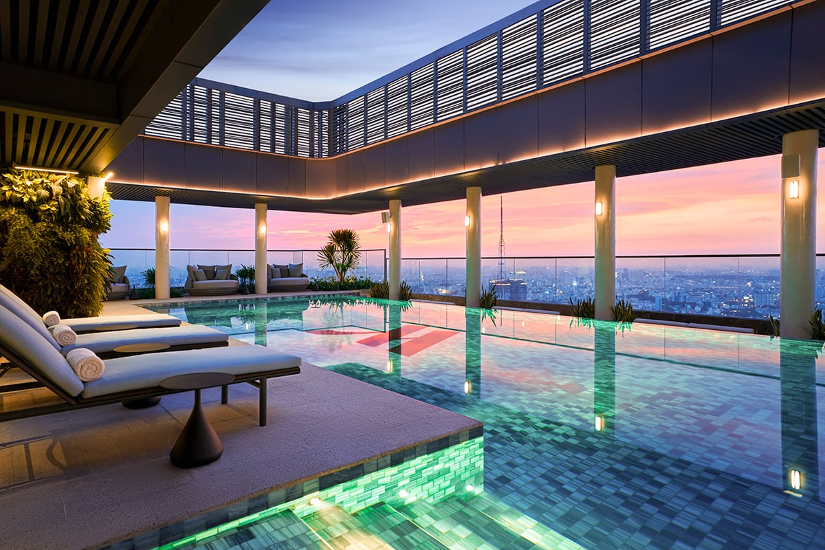 Hồ bơi vô cực ngắm hoàng hôn đẳng cấp dành cho cư dân tòa Lake Grand Marina Saigon.