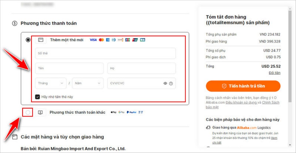 Thiết lập phương thức thanh toán đơn đặt hàng Alibaba