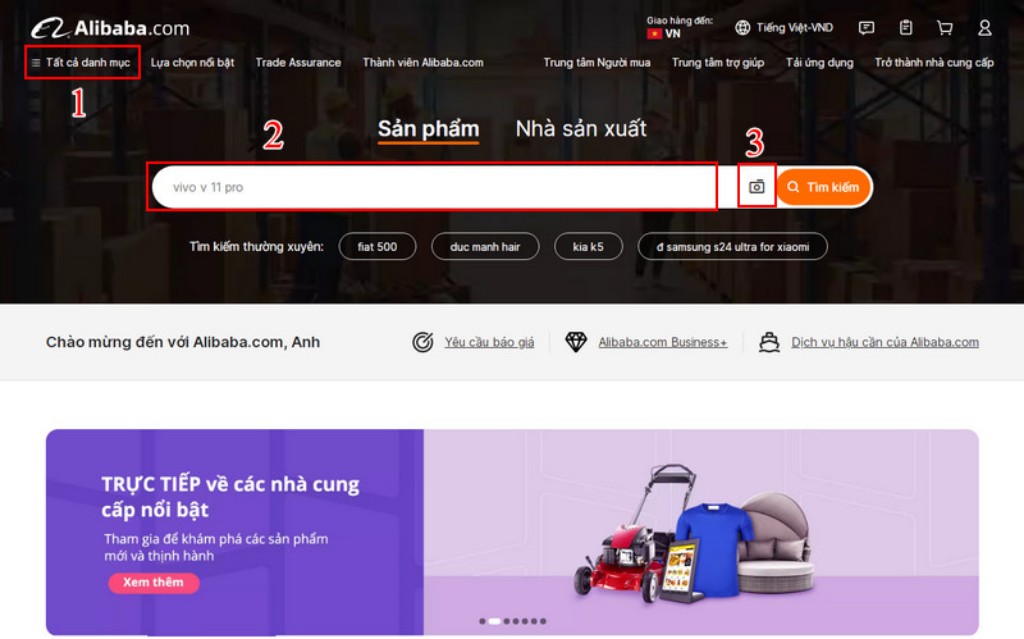 Tiến hành tìm kiếm sản phẩm cần mua hàng Alibaba