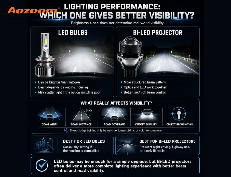 Lighting performance depends on beam control, road coverage and real visibility.