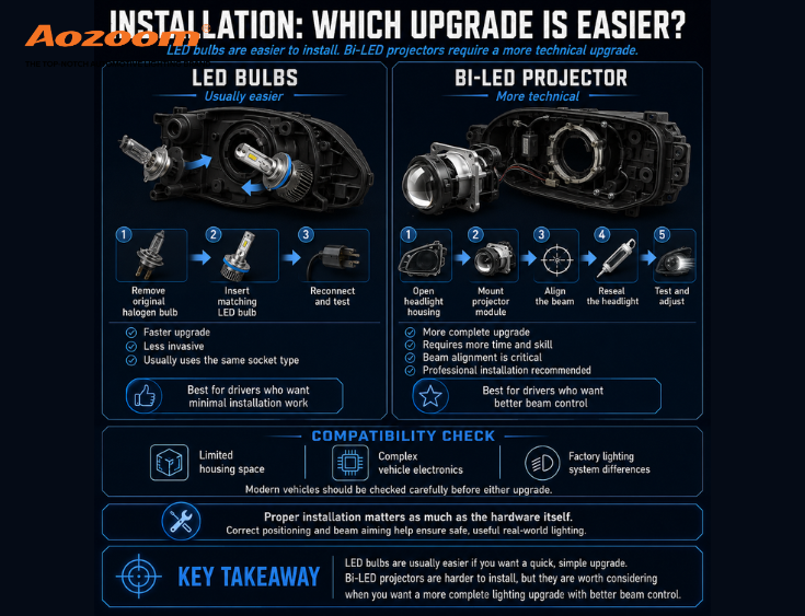 LED bulbs are easier to install, Bi-LED projectors need a more technical upgrade